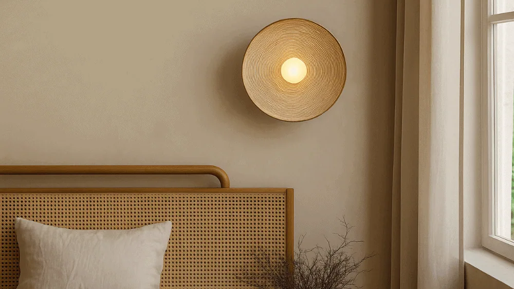 Dormitorio cálido con cabecero de fibras naturales y aplique decorativo