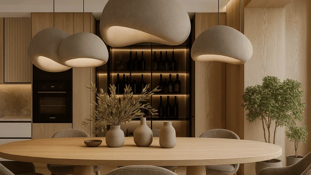 Interior sereno con mobiliario curvo y luz cálida