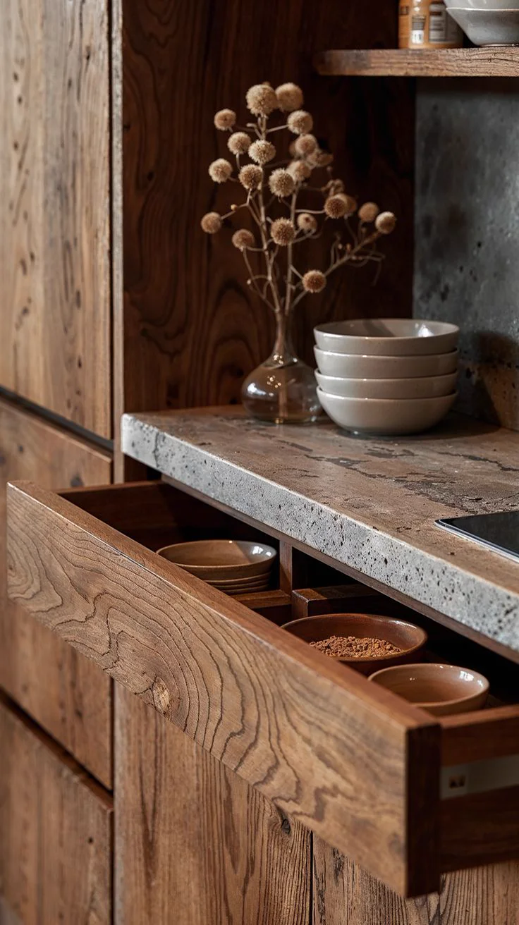 Detalle de cocina en madera con cajón abierto, cerámica y superficie pétrea