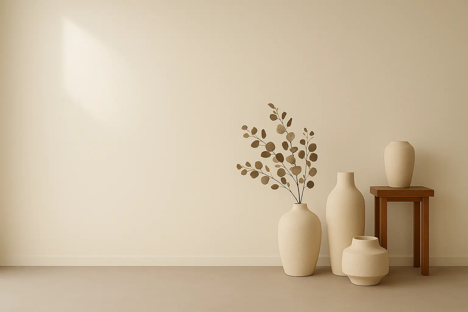 Composición de jarrones y ramas sobre pared neutra